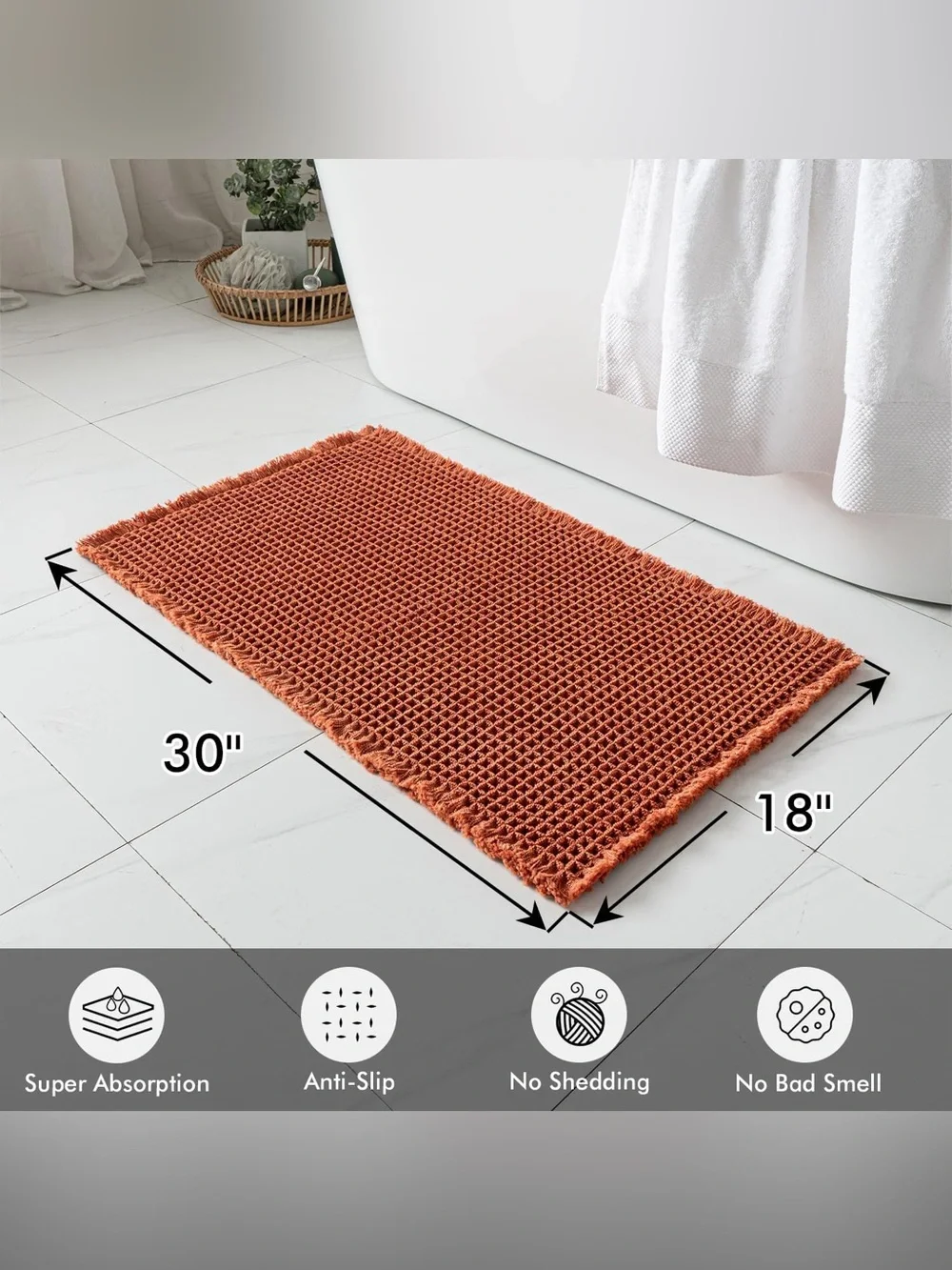 MIULEE Orange Waffle Bath Mat – Boho Style, Non-Slip, Washable, Super-Absorbent